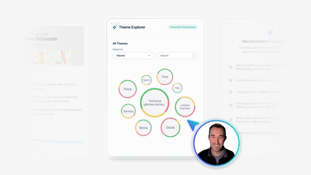 A Medallia insights dashboard with a talking head interview bubble overtop