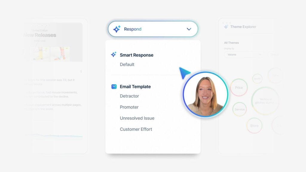 A Medallia insights dashboard with a talking head interview bubble overtop