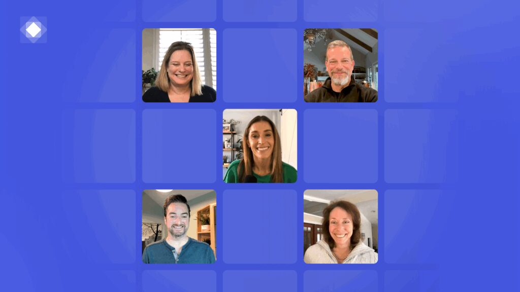 Five experience management professionals arranged in a grid on screen for a collaborative conversation.