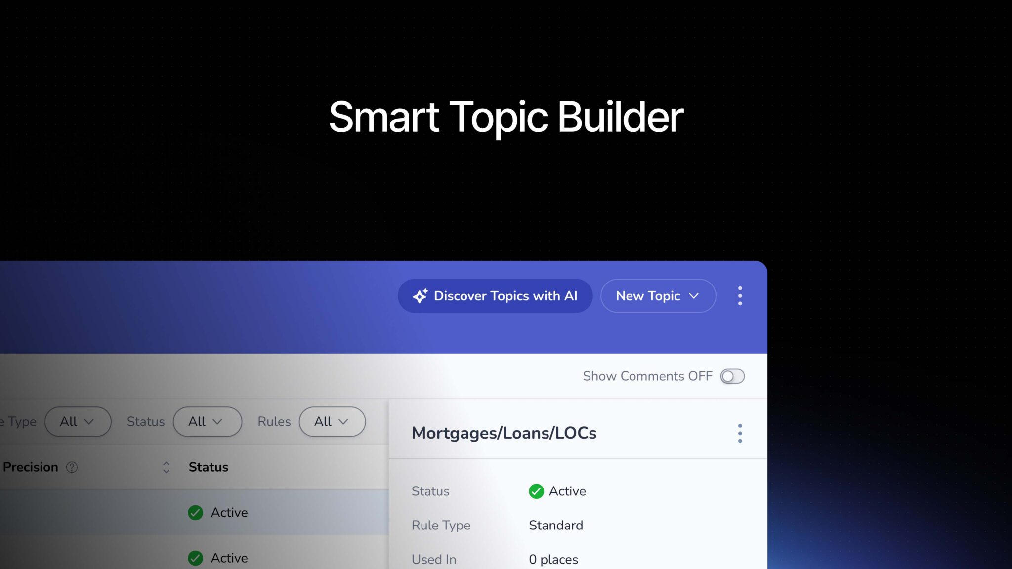 A screenshot from the user interface of Medallia's AI feature, Smart Topic Builder