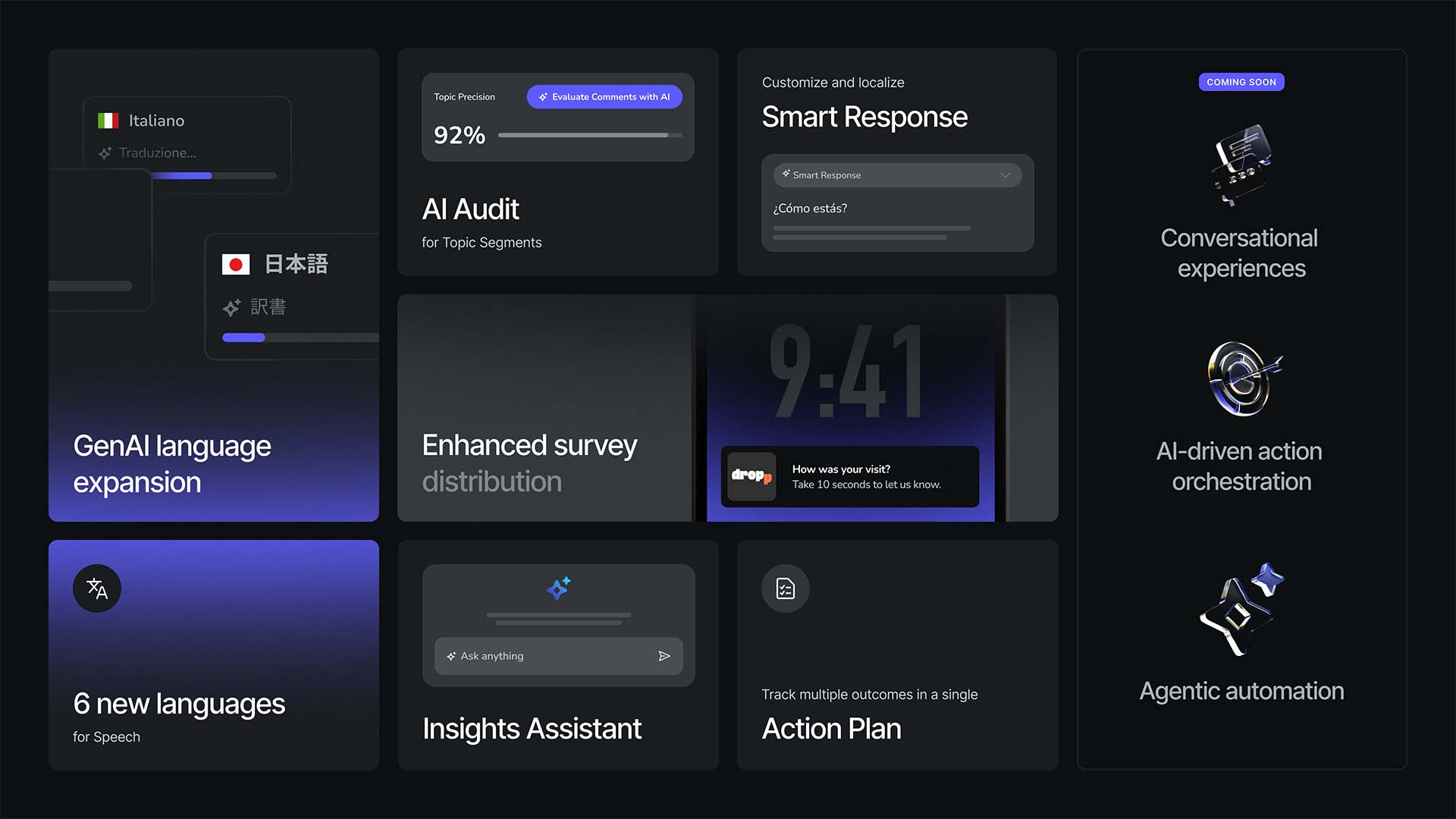 Stylized UI graphics highlighting new Medallia features